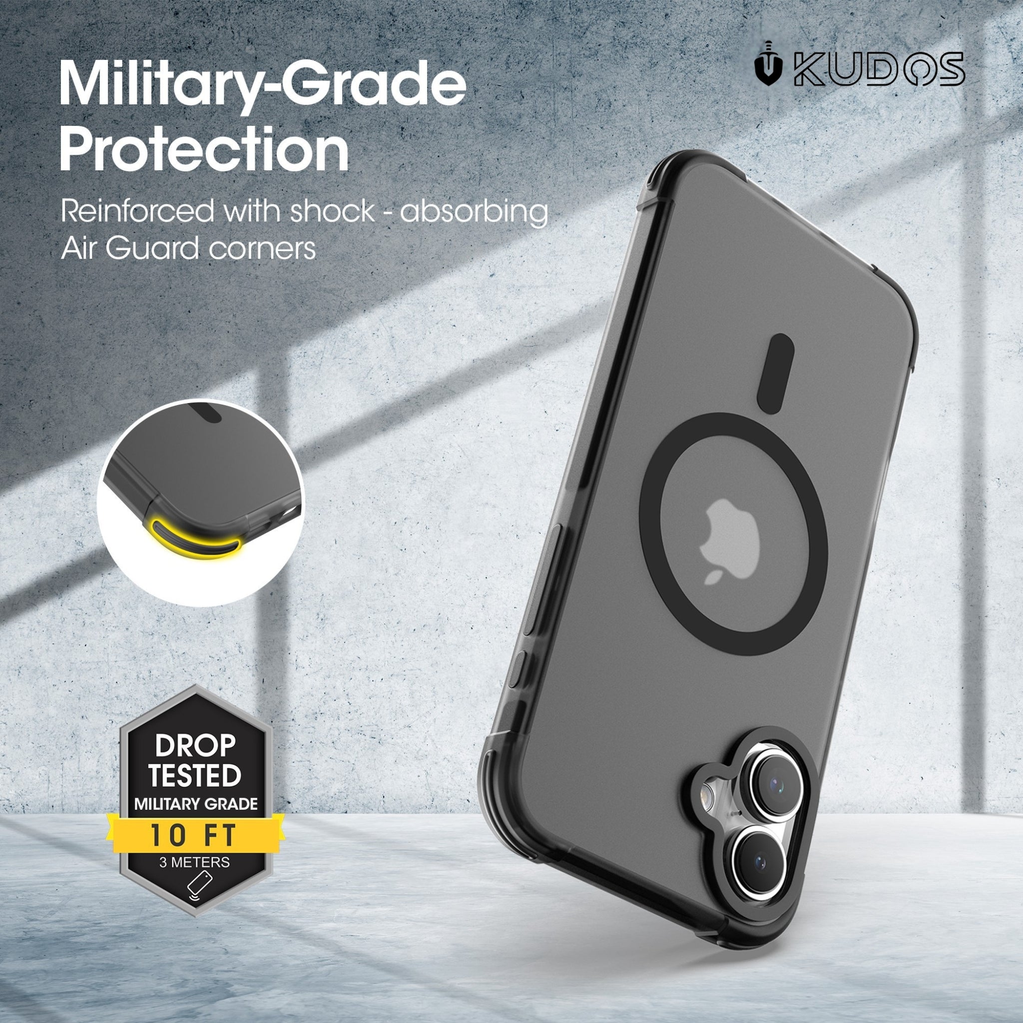 KUDOS Mag Armour iPhone 16 Cover Case - Matte Black Translucent Shockproof iPhone 16 Cover with Camera Protection