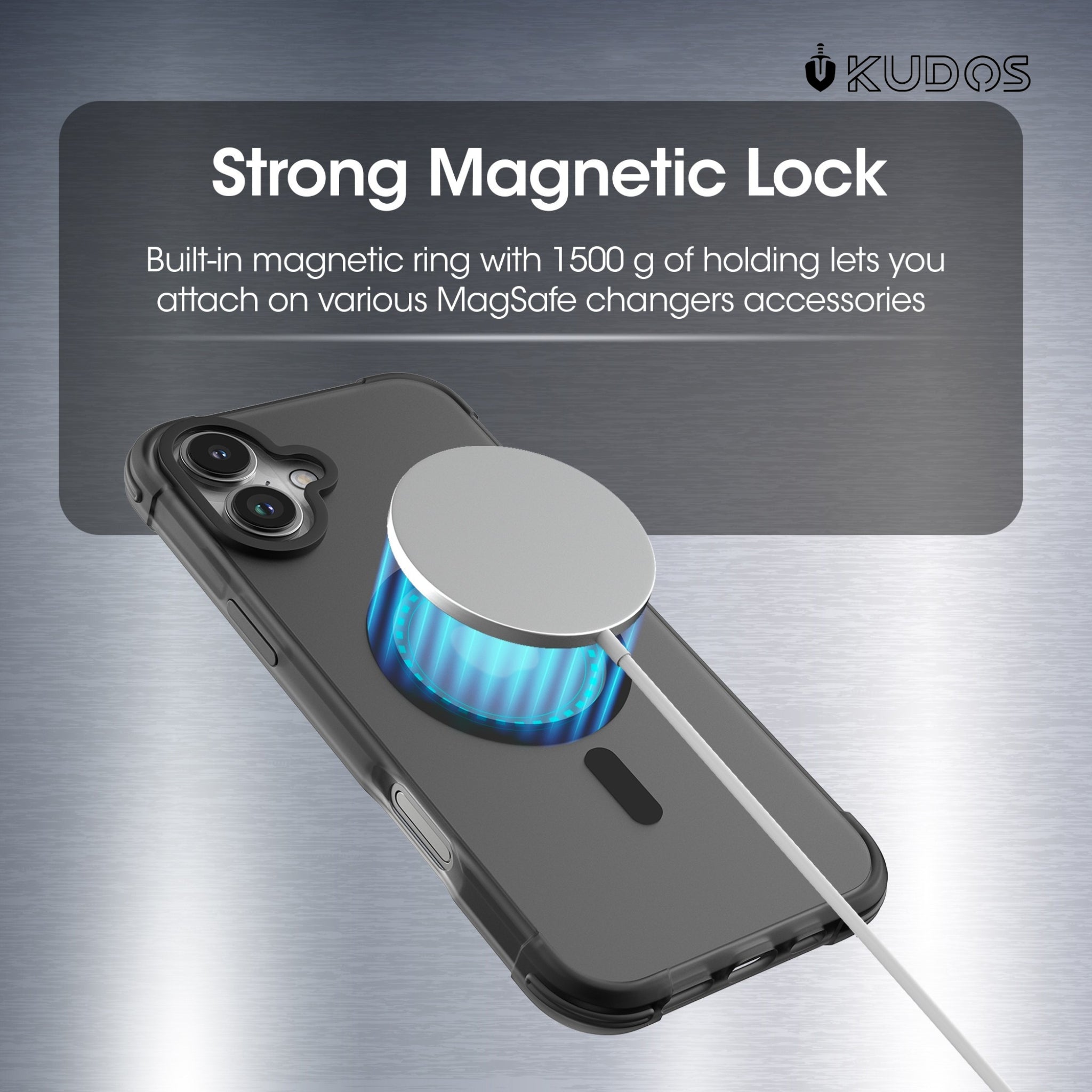 KUDOS Mag Armour iPhone 16 Cover Case - Matte Black Translucent Shockproof iPhone 16 Cover with Camera Protection