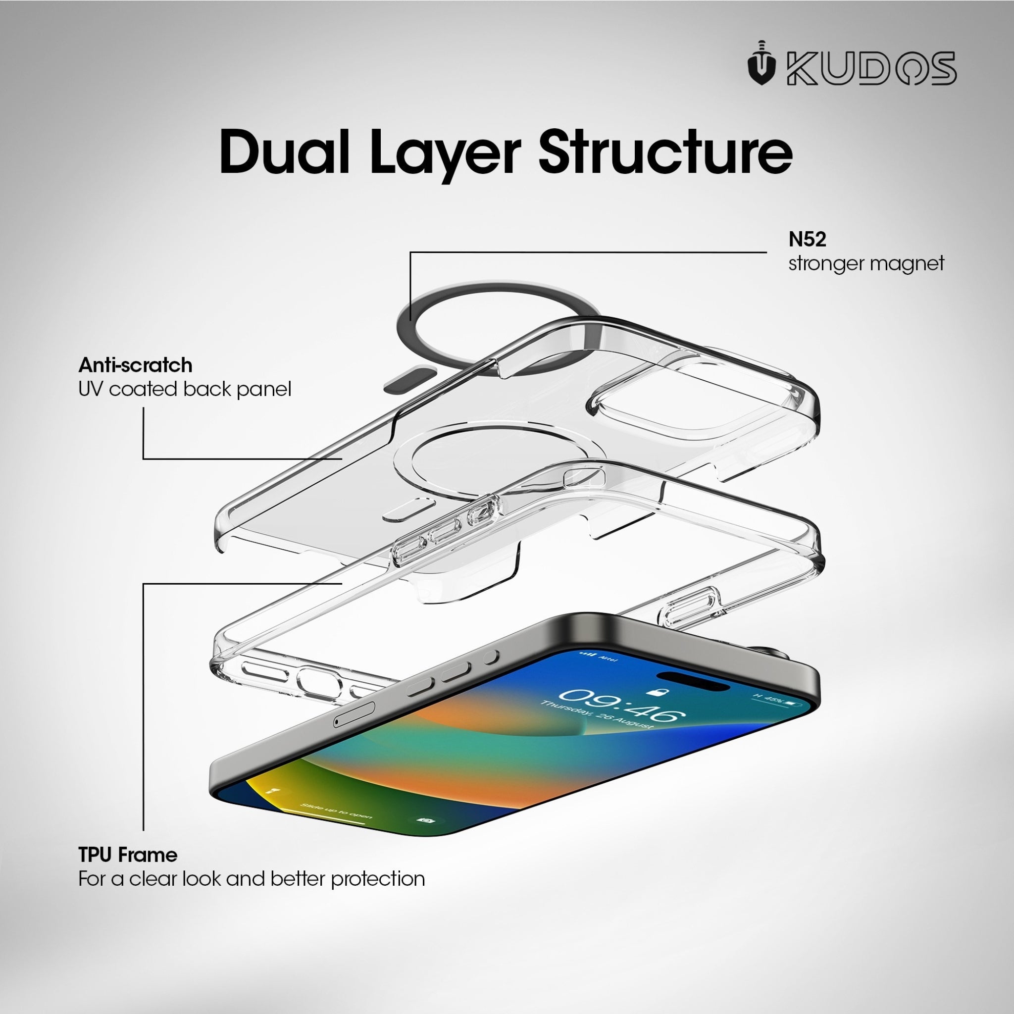 KUDOS MagCase for iPhone 16 Pro Clear with MagSafe Compatible, Transparent Back Cover