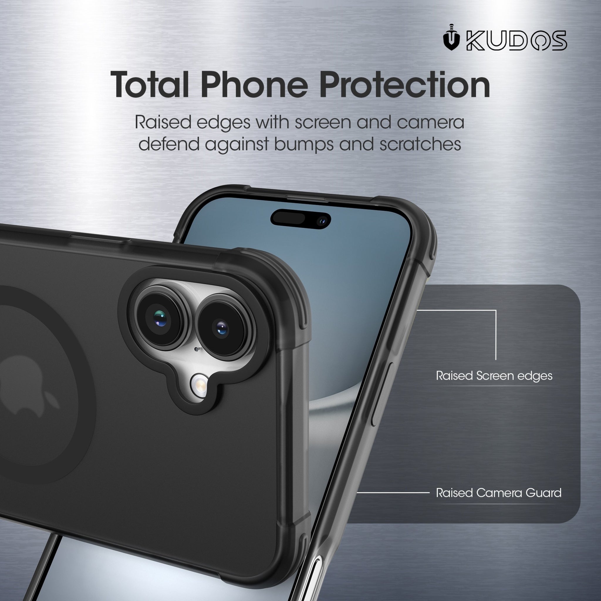 KUDOS Mag Armour iPhone 16 Cover Case - Matte Black Translucent Shockproof iPhone 16 Cover with Camera Protection